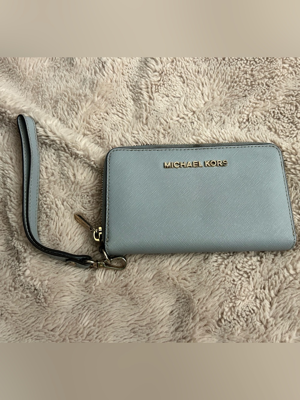 Michael Kors Pale Blue Saffiano Leather Wristlet with Gold Hardware